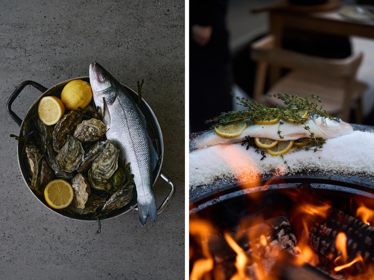 Hoofdgerecht: gegrilde zeebaars in zoutkorst