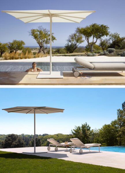 Bloom-parasol beschikbaar in vierkant en rond model telkens in twee formaten (rond diameter 3,30m of 3,80m en vierkant 2,75m of 3,40m. Prijs rond (exclusief voet) vanaf €3.999 en vierkant (exclusief voet) vanaf €3.999, voet vanaf €1.428.