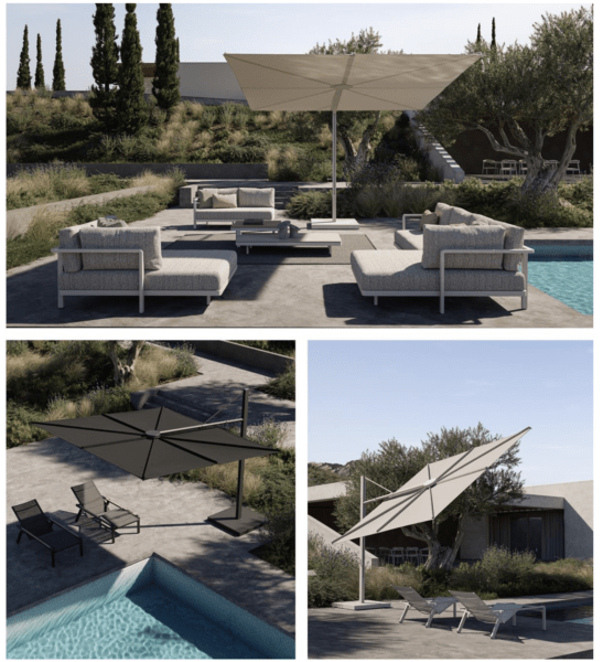 Solaz-parasol 360° roteerbaar, 20° hellend, 30° pivoterend, afmetingen 3,40m x 3,40m. Prijs (exclusief voet) vanaf €10.699, voet vanaf €1.849.