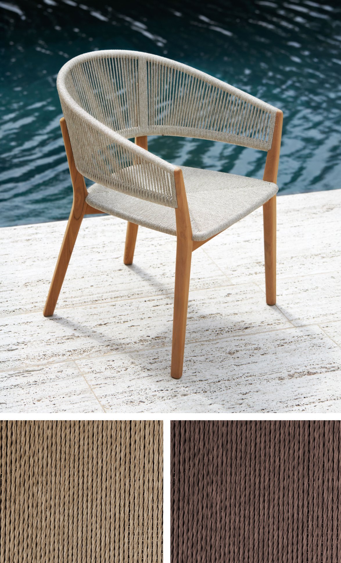 Carés stoel met textileenrope in Cappuccino (links) en Espresso (rechts) van Royal Botania.