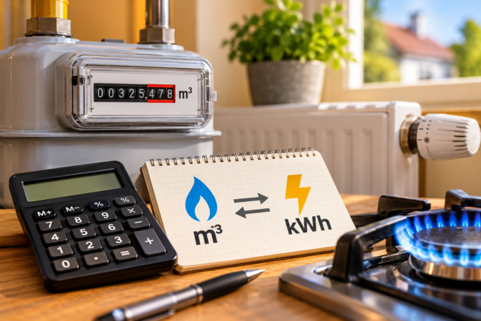 Gasverbruik omrekenen van kubieke meters naar kilowattuur met een gasmeter en rekenmachine.